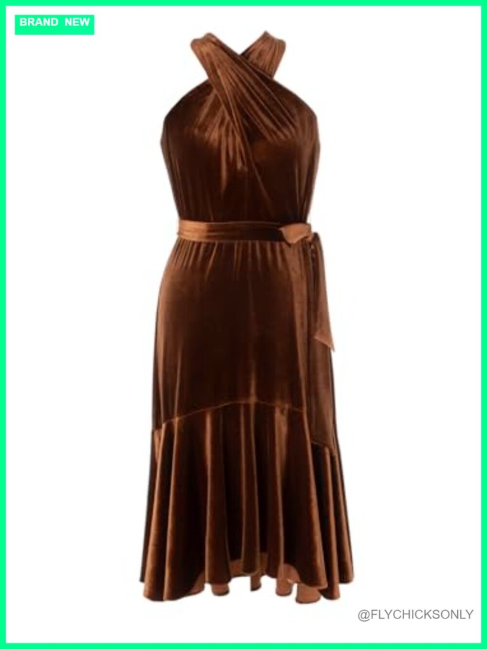 Velvet Halter Midi Dress with Waist Tie Ruffle Hem Cocktail Party